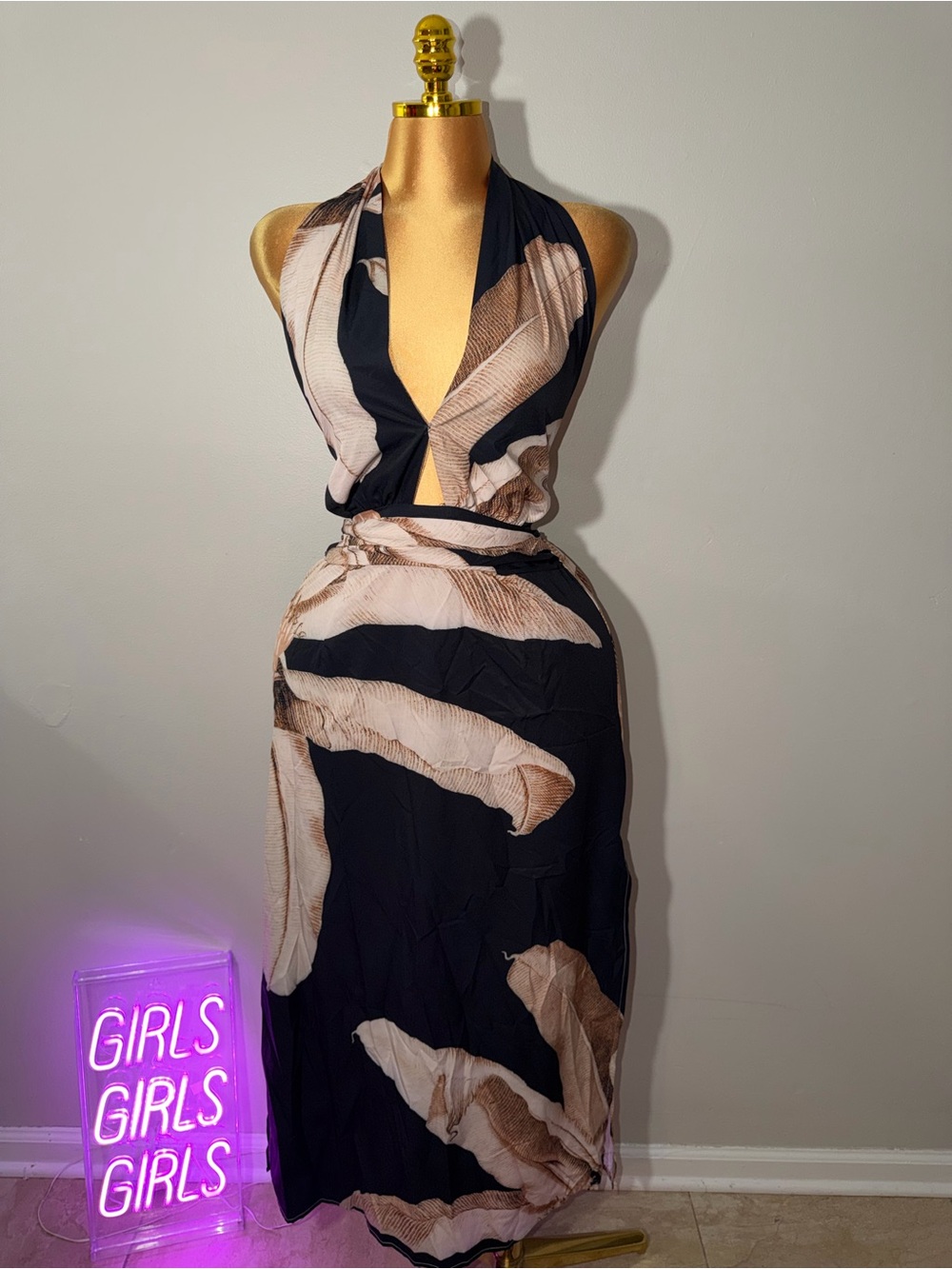 Halter Wrap Maxi Dress in Black and Beige Leaf Print